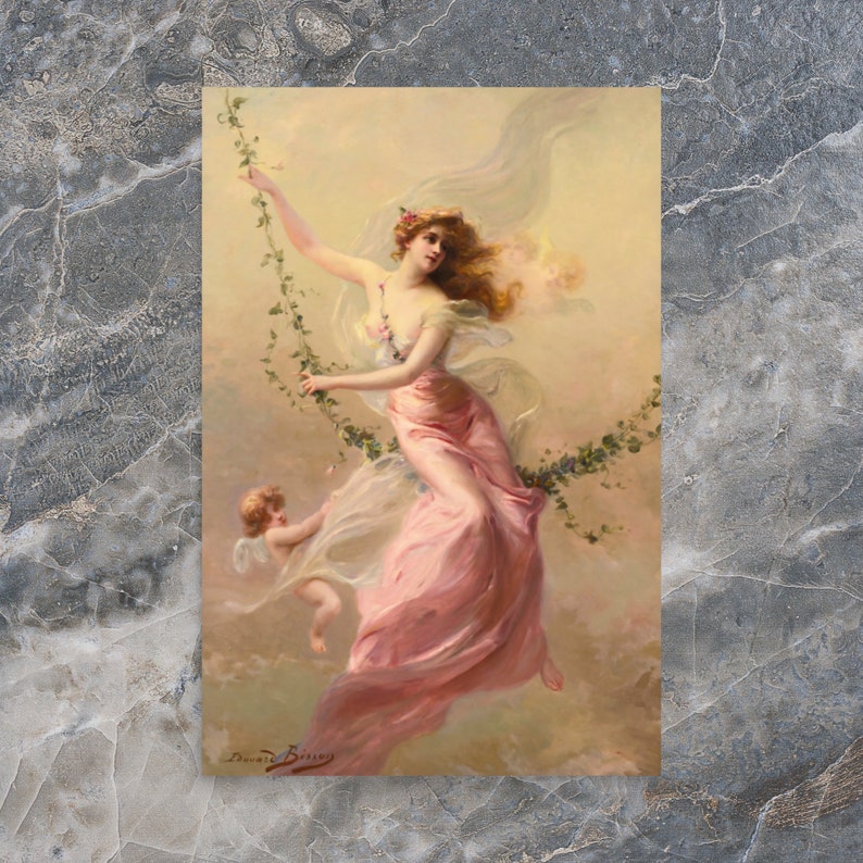 Peut inclure: Une femme en robe rose se balance sur une vigne avec un ch&eacute;rubin en arri&egrave;re-plan. La femme a de longs cheveux flottants et une couronne de fleurs. La peinture est r&eacute;alis&eacute;e sur un fond de ciel bleu clair avec des nuages.