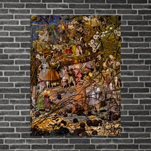 Puede incluir: Un collage colorido e intrincado que presenta un gran grupo de figuras en un entorno boscoso. Las figuras están vestidas con diversos trajes y parecen estar participando en una animada celebración. El fondo está lleno de exuberante follaje, flores y una variedad de objetos, creando una atmósfera fantástica y caprichosa.