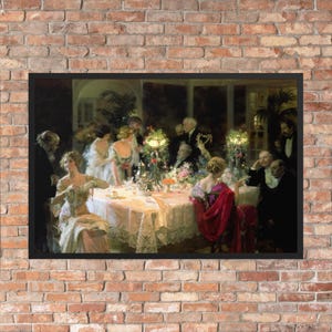 May include: A framed print of a formal dinner party scene. The painting depicts a group of people in elegant attire gathered around a table laden with food and flowers. The artwork has a vintage aesthetic with soft lighting and muted colors.