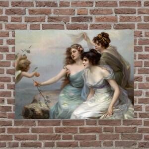 May include: A painting of three women in a garden setting. The woman in the center is wearing a blue and white dress and holding a branch with a red apple. The woman on the left is wearing a green dress and the woman on the right is wearing a brown dress. The painting is done in a realistic style.