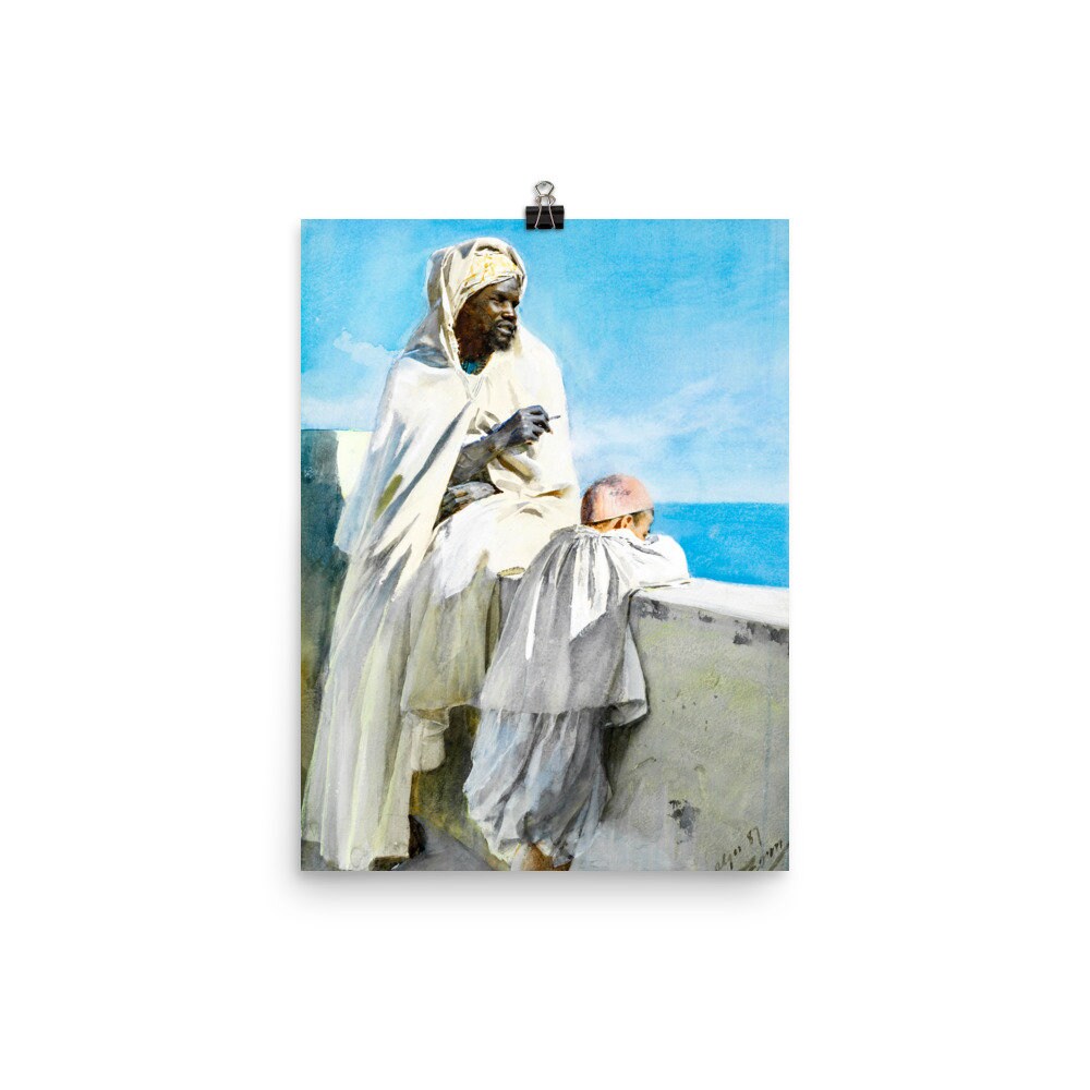 Realist Art Print - A Man and Boy Looking Across the Bay of