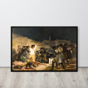 Op de afbeelding: Een schilderij dat een dramatische scène toont van een groep mensen die door soldaten worden geëxecuteerd. Het schilderij speelt zich af in de nacht en heeft een donkere achtergrond met een heldere lichtbron die de scène verlicht. De figuren zijn realistisch afgebeeld, met hun gezichtsuitdrukkingen van angst en pijn duidelijk zichtbaar. Het schilderij is een krachtige en ontroerende weergave van de gruwelen van de oorlog.