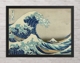 額入り日本美術プリント - 葛飾北斎作「神奈川沖浪裏」 - 額入り葛飾