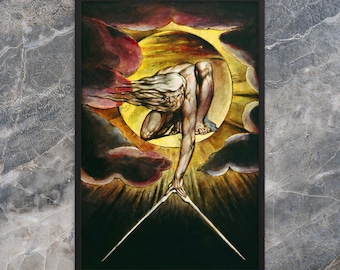 Puede incluir: Impresión artística enmarcada que presenta una pintura clásica con una figura que se extiende hacia dos líneas convergentes. La obra de arte está ambientada sobre un fondo de un sol amarillo brillante y nubes oscuras, con un marco negro.