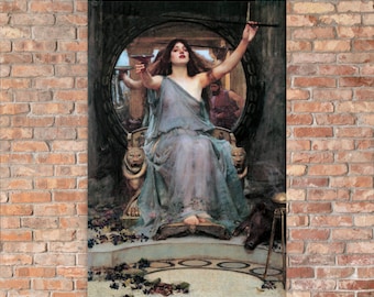 May include: A painting of a woman in a flowing blue gown, holding a goblet of wine. She sits on a throne with a lion head on each armrest. The background is a dark, circular frame with a scene of a man and a woman in the distance.