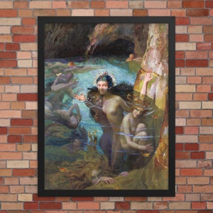 Framed Mythological Art Print - Sea Nymphs at a Grotto by Gaston Bussiere - Framed Gaston Bussiere Print - Sea Nymphs at a Grotto Print