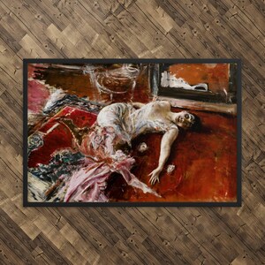 May include: A painting of a woman lying on a red rug. She is wearing a white dress and has long dark hair. The painting is done in a realistic style and has a warm color palette.