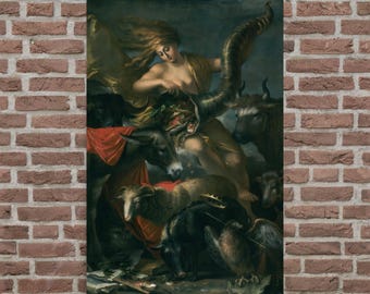 May include: A framed print of a classical painting depicting a woman with flowing hair, surrounded by animals including a bull, donkey, and sheep. The artwork features a muted color palette with shades of gold, red, and brown.