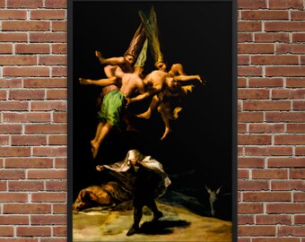 Könnte beinhalten: Ein Gemälde, das vier Figuren in der Luft zeigt, mit einer fünften Figur im Vordergrund, die einen weißen Umhang trägt. Die Figuren sind in einem dunklen, dramatischen Stil gemalt, mit einem Fokus auf ihre Bewegung und ihren Ausdruck.