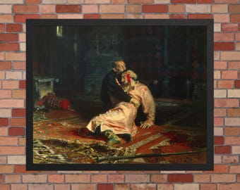 May include: A painting depicting a scene of a man lying on the floor, with another man kneeling beside him. The man on the floor is wearing a white and gold robe, and the man kneeling beside him is wearing a dark robe. There is blood on the floor around the man on the floor.