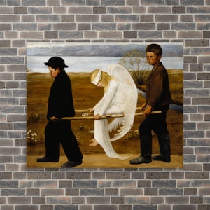 May include: A painting depicting two boys carrying a figure dressed as an angel on a stretcher. The angel wears a white gown and has white wings. The boys are dressed in dark clothing and walk across a field.