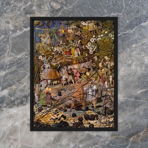 Puede incluir: Un collage que representa una escena de bosque fantasiosa con numerosas figuras vestidas con diversos trajes. Las figuras parecen estar involucradas en una variedad de actividades, con un fondo de árboles, flores y otros elementos naturales. El efecto general es de fantasía y maravilla.
