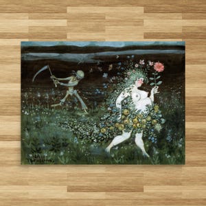 May include: A painting depicting a skeletal figure with a scythe, walking away from a woman with a floral crown and a pink flower. The woman is surrounded by green foliage and fruit.