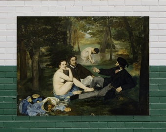 May include: A framed painting depicting a picnic scene in a forest. A nude woman sits with two men, while another woman bathes in a stream. The artwork features a naturalistic style with a muted color palette, evoking a sense of leisure and tranquility.