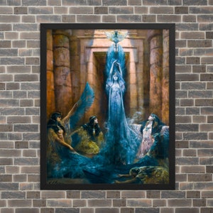 May include: A painting depicting a woman in a flowing blue gown, surrounded by three other women in robes. The woman in the blue gown is ascending into the sky, surrounded by a halo of light. The painting is set in a room with columns and a doorway.