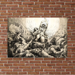 Pode incluir: Uma ilustração em preto e branco de uma cena da mitologia nórdica. Uma figura grande com uma espada levantada está sobre um grupo de figuras menores. A cena é caótica e dramática.