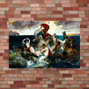 May include: A painting depicting a scene from Greek mythology. The painting features a group of figures, including a woman playing a harp, a man with a trident, and a woman riding a seahorse. The figures are surrounded by swirling waves and clouds. The painting is done in a style reminiscent of the 19th century.