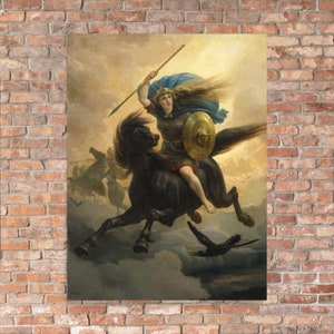 May include: A painting depicting a woman riding a black horse through the clouds. She is holding a spear and shield, and her long blonde hair is flowing behind her. The woman is wearing armour and a blue cloak. The painting is set against a background of clouds and a bright light.