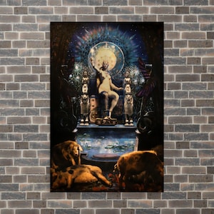 Op de afbeelding: Een verticale kunstdruk met een zittende figuur op een troon, omringd door sierlijke details en dieren. Het kunstwerk heeft een hemelse achtergrond met een centrale lichtbron en een donkere, gedetailleerde voorgrond.