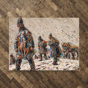 May include: A group of people in colourful, stylised clothing walk through a snowy landscape. The figures are drawn in a cartoonish style with exaggerated features. The background is a light grey with a pattern of falling snow.