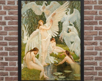Framed Mythological Art Print - The Swan Maidens by Walter Crane - Framed Walter Crane Print - Framed Swan Maidens Print