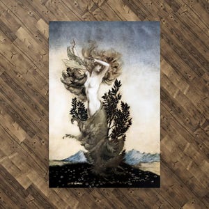 Puede incluir: Ilustración artística de una figura desnuda con cabello largo y ondeante, parcialmente oscurecida por una forma de árbol. La obra de arte presenta una paleta de colores apagados con toques de azul, verde y marrón, y un fondo de paisaje.