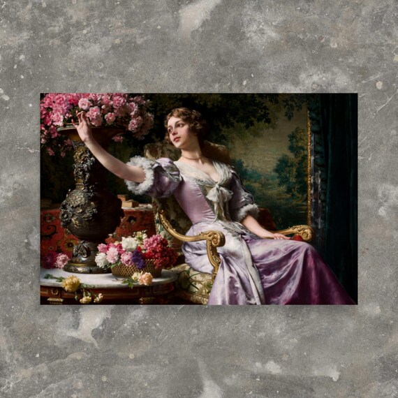 A Lady in a Lilac Dress with Flowers by Wadysaw Czachrski - Wadysaw  Czachrski Print - Realist Art Print