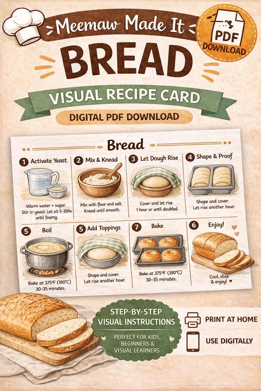 Bread Visual Recipe Card Digital Download | Printable PDF | Step-by ...