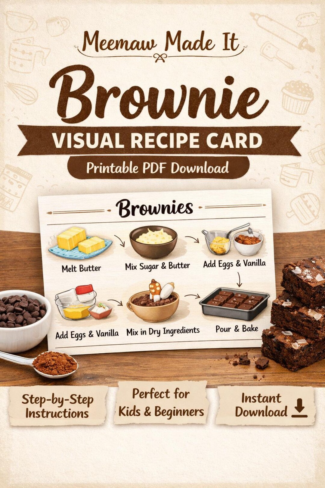 Brownie Visual Recipe Card - Digital Download Printable PDF Step-by ...