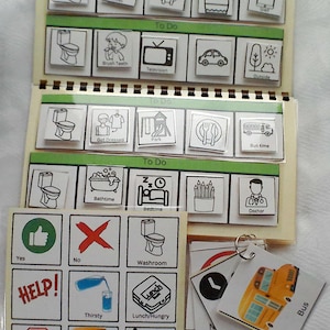 May include: A visual schedule with multiple pages, featuring illustrated cards for daily activities. Includes cards for "To Do" tasks like using the washroom, eating snacks, and going to school. Also includes "Yes", "No", and "Help" cards.