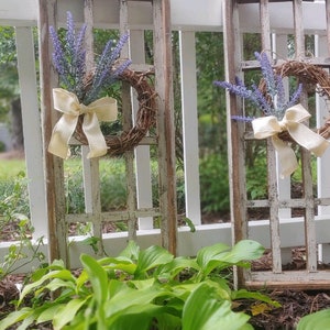 Two Rustic Farmhouse Windows with Lavender Handmade Grapevine Wreaths, Arch Cathedral Window Wall Decor, Window Pair - Wreaths Included