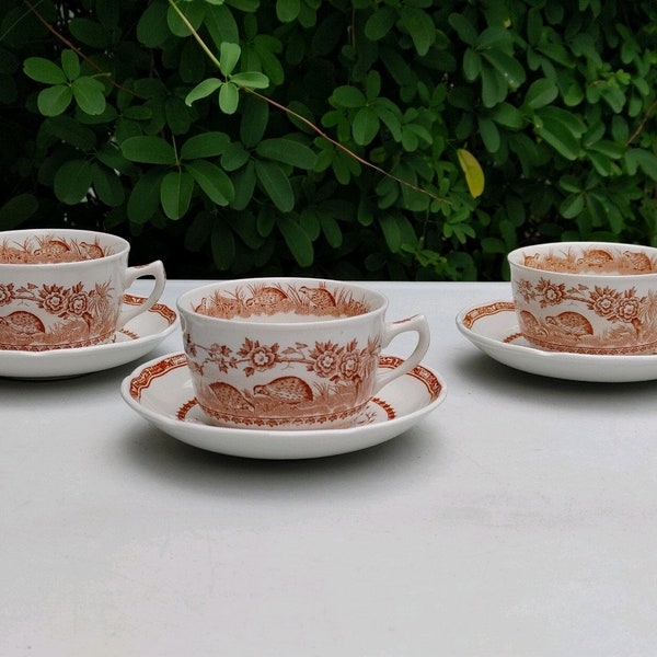 Furnivals Brown Quail Tea Cups and Saucers Set of 3 / Made In England / 1920's