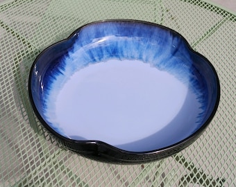 Blue Fluted Pottery Serving Platter – Stamped Glazed Stoneware, 12"