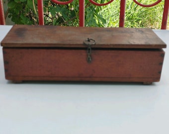 Primitive Handmade Wood Trinket Box Red Oak Stained Rare One-Of-A-Kind