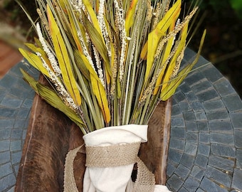 Tall Faux Millet Bouquet - Farmhouse Linen Wrapped Fall Decor