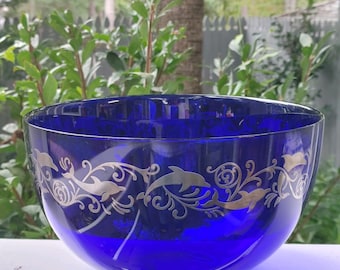 Cobalt Blue Glass Bowl – Silver Dolphin Pattern, Made in Italy