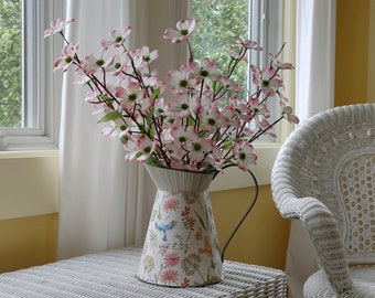 PINK DOGWOOD FLOWER Centerpiece - Beautiful Pink Dogwood Silk Floral in Metal Wildflower Print Farmhouse Pitcher