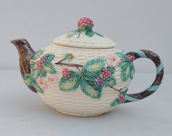 Haldon Group Majolica Teapot: Embossed Berry Design, 1988