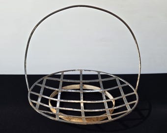 Large Hand-Wrought Steel Basket: 1970s Rustic Home Decor