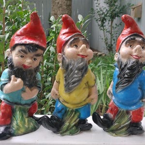 GERMANY - GNOMES: German Concrete Happy Gnomes Garden Decor / Very Old / Bright & Cheerful