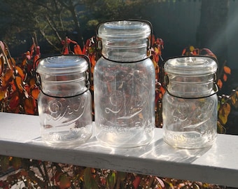 Antique 1920s Drey Canning Jars with Glass Tops, Set of 3