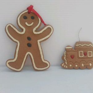 GINGERBREAD ORNAMENTS - Gingerbread Man and Gingerbread Style Train with Hearts Ornaments / Pair