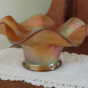 FENTON HOLLY PATTERN - 1930s Marigold Ruffled Edge Carnival Glass Bowl