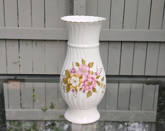 Vintage Hand-Painted Ceramic Flower Vase - Gold Trim, Scalloped Edge