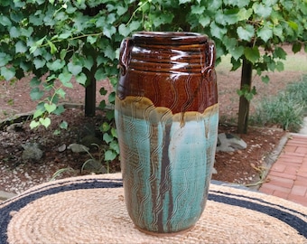 Handmade Teal and Brown Glazed Pottery Vase – 16" Tall Centerpiece