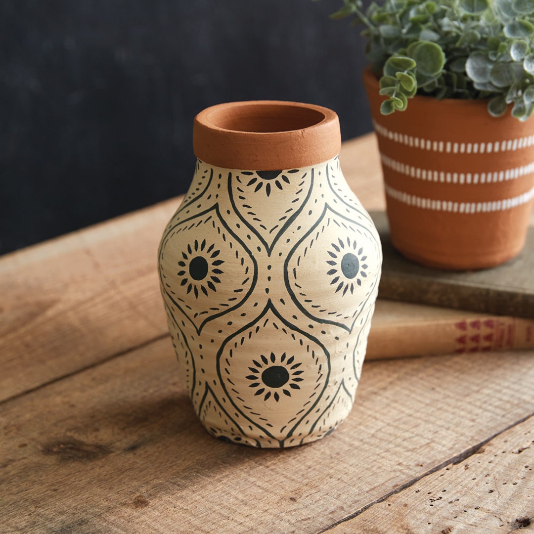 Hand Painted Sunburst Terra Cotta Vase Etsy