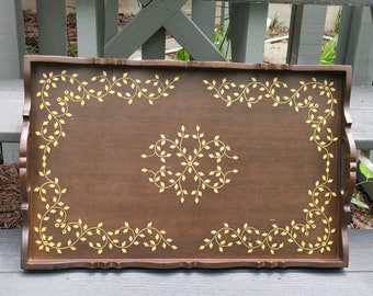 Inlaid Wood Handled Serving Tray / Circa 1970's