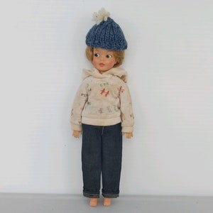 WINTER GIRL DOLL:  1960-70&#39;s era Girl Doll in Original Denim Jeans, Winter Hat and Sweater / Plastic Doll / 10&quot; Tall