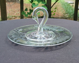 Vintage 1930s Swan Glass Dessert Platter: Paden City Sterling Overlay