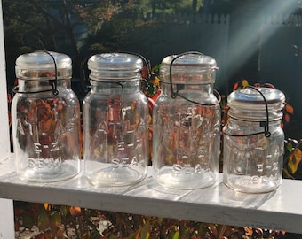 Antique ATLAS E-Z Seal Canning Jars – Glass Lids, Wire Bail, Set of 4